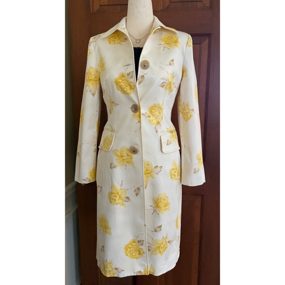 VTG Banana Republic Tailored Fit Floral Trench Car Coat Womens XS Cream/Yellow - Picture 3 of 16